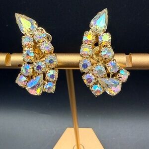 Vintage Juliana Style AB Rhinestone Clip Earrings Navette Gold Tone Climber